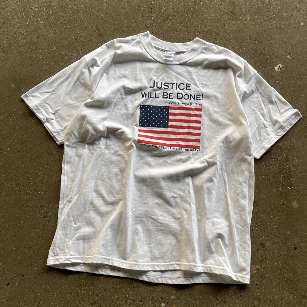 Justice Will Be Done George W Bush Shirt Mens 2XL White USA Flag Graphic Patriot